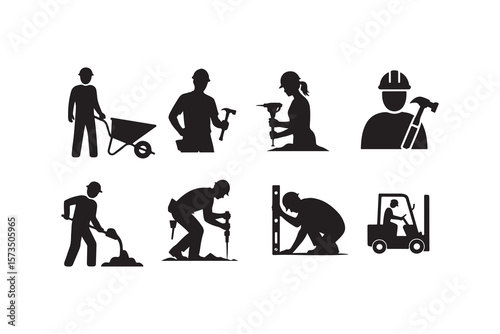 Diverse Construction Workers in Silhouette Icons.This image showcases a collection of black silhouette icons depicting various construction workers performing different tasks.