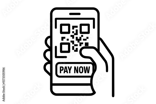 Mobile Payment QR Code Scan, Pay Now Button, Hand Holding Smartphone, Digital Wallet, Online Transaction, Contactless Payment, E-Payment, Vector Line Icon Illustration