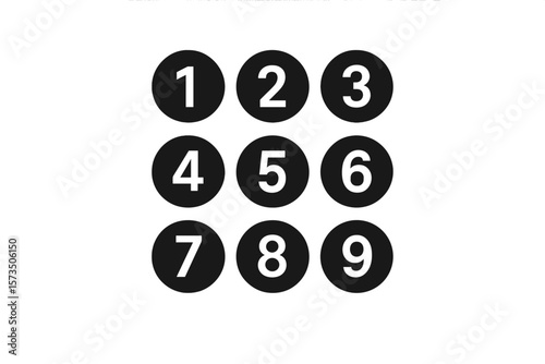 Numeric Keypad Vector Icon Set. Modern Number Pad Buttons 1-9. Minimalist Black Circle Digits. Digital PIN Entry, Security Access, Calculator, ATM, Mobile App UI, Transparent Background Illustration