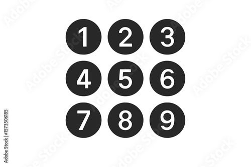 Numeric Keypad Icon Vector. Modern Number Pad Buttons. Digital Keyboard Interface. Black Circular Numbers 1-9. Minimalist UI Element. Mobile App, Website, ATM, Security, PIN Entry, Technology Concept