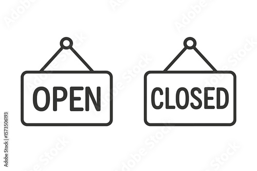 Open and closed signs vector icon set. Hanging door signs for a shop, store, or business. Welcome and sorry we're closed message. Information notice symbol illustration.