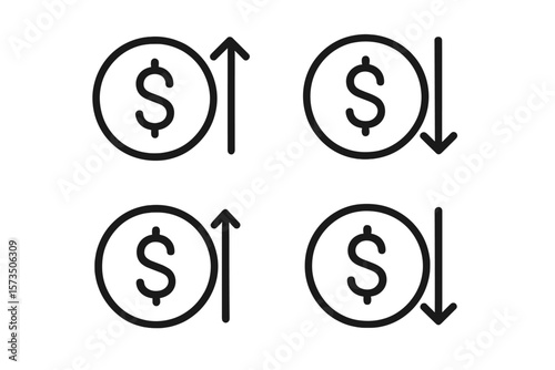 Dollar Coin Price Trend Icons, Money Rate Increase Decrease Symbols, Financial Growth Decline, Cost Change, Profit Loss, Up Down Arrow, Economy, Finance App, Website Vector