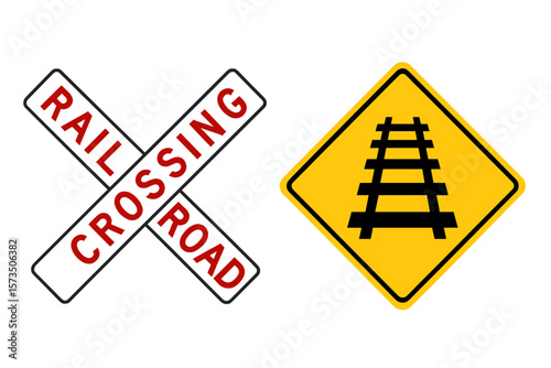 Railroad Crossing Warning Signs. Rail Crossing Symbol. Railway Tracks Ahead Caution. Road Safety. Traffic Sign. Yellow Diamond. Crossbuck. Transportation Alert. Vector Illustration.