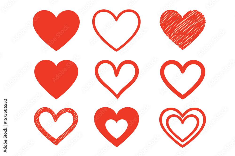 Red Heart Icon Collection. Love Symbol Set. Hand Drawn, Sketched, Outlined, and Solid Heart Shapes. Romantic, Valentine, Wedding, Relationship, Vector Illustration Red Heart Icon Collection. Love Symbol Set. Hand Drawn, Sketched, Outlined, and Solid Heart Shapes. Romantic, Valentine, Wedding, Relationship, Vector Illustration