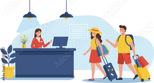 Reception desk with female receptionist welcoming tourists with luggage at travel service counter vector illustration 