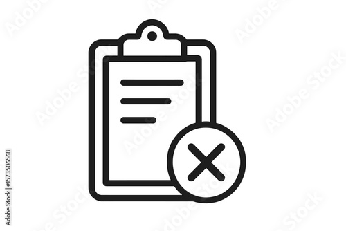 Clipboard Document Rejected Icon. Paper with Cross Mark. Denied Application Symbol. Refused File Approval. Declined Form. Cancelled Checklist. Document Error. Vector Illustration. Isolated Clipart