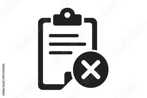 Rejected Document Icon. Clipboard Paper with Cross Mark. Denied File Symbol. Rejection Notice. Cancelled Report. Document Refused. Vector Illustration. Office Form Error. Application Declined