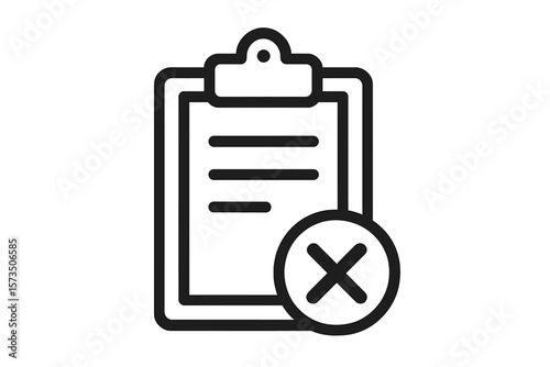 Clipboard Document Rejected Icon. Paper with Cross Mark. Denied Application Symbol. Disapproved File. Error Notification. Refused Form. Cancelled Checklist. Vector Illustration. Office Concept