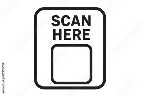 Scan here QR code placeholder frame. Vector template for contactless payment, website link or app download. Simple icon sticker for print, ui, ux design and marketing.