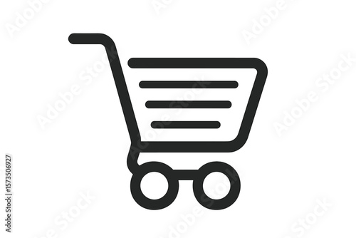 Shopping cart icon, minimalist vector, e-commerce symbol, online store, checkout cart, web and app interface, retail basket, digital commerce, black line art, isolated transparent background