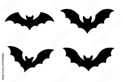Set of black bat silhouettes. Flying bats collection for halloween design. Spooky horror vampire animal icon. Simple flat vector illustration isolated on white background.