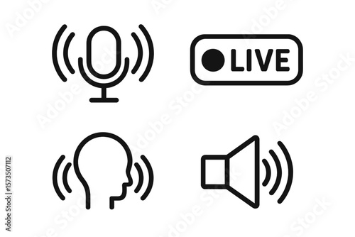Podcast Streaming Icons Set. Microphone, Live Broadcast, Speaker, Head Profile with Sound Waves. Audio Streaming, Podcasting, Radio, Voice Recording, Online Media Symbols. Vector Illustration