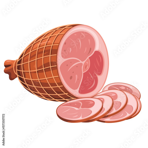 Illustration of a whole ham in netting with several slices cut off