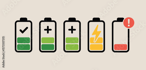 Battery charge level indicator icons showing full to empty with warning symbol