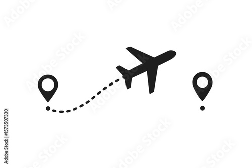 Airplane Route Journey Icon. Flight Path with Dotted Line. Travel Destination Marker. Trip Planning Vector. Tourism, Vacation, Air Travel Concept. Navigation, Location Pin Symbol.