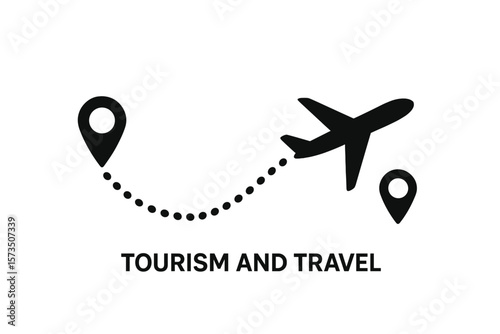 Airplane Route Travel Concept. Flight Path with Dotted Line, Departure and Arrival Location Pins. Tourism, Vacation, Trip Planning, Journey, Adventure, Air Travel, Tourism Icon, Vector Illustration