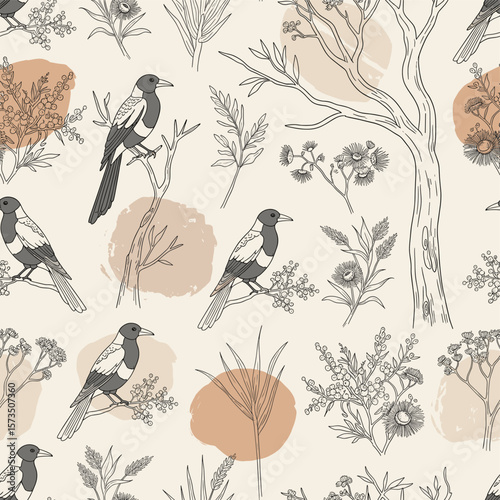 Seamless Australian Magpie Pattern - Native Flora & Natural Elements - Earthy Hand-Drawn Line Art - Textile & Fabric Design