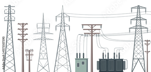 Collection of electricity pylons power lines and electrical equipment on white background