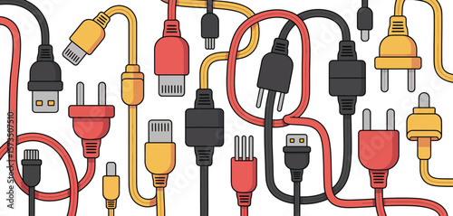 Assorted electrical plugs and usb connectors in red black and yellow