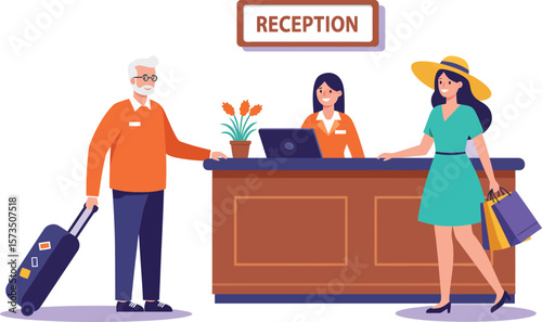Hotel Reception Desk Interaction with Male Guest and Female Receptionist in Modern Lobby Scene 