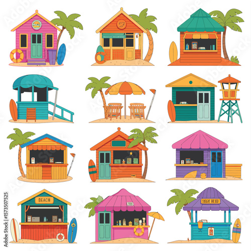Collection of colorful beach huts and kiosks with palm trees and surfboards