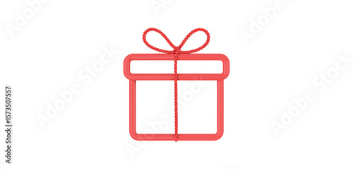 Simple red outline gift box with red twine bow on white background