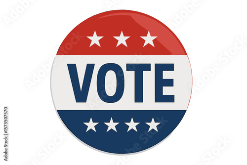 USA presidential election campaign pin button with vote icon, American flag colors, stars, patriotic badge, transparent PNG, vector illustration, political voting symbol, elec