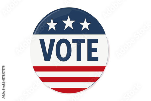 USA presidential election campaign pin button. Vote icon symbol with American flag colors and stars. Political badge for voting, patriotism, and democracy. Civic duty concept.
