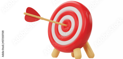 Red and white target with an arrow hitting the bullseye on a white background