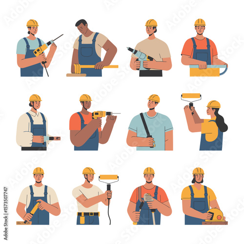 Diverse construction workers with tools and safety helmets in a flat design style