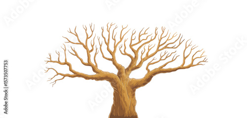 Stylized illustration of a bare deciduous tree with a thick trunk and spreading branches