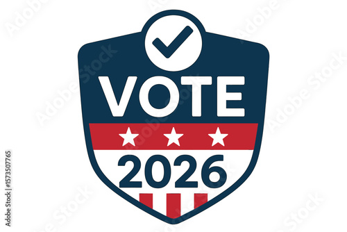 Vote 2026 Election Badge Icon. Patriotic Shield with Check Mark, Stars, Stripes. USA Midterm Election Campaign, Voting, Democracy, Political Participation, Civic Duty, Red White Blue Vector