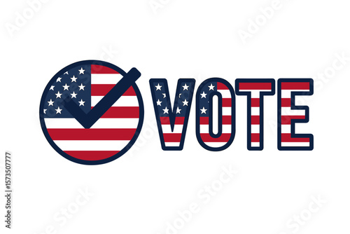 USA Flag Vote Icon with Check Mark, Patriotic Voting Typography, American Election Symbol, Stars and Stripes Letters, Political Participation, Vector Illustration
