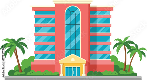 Modern coral colored office building with glass windows and palm trees vector illustration 
