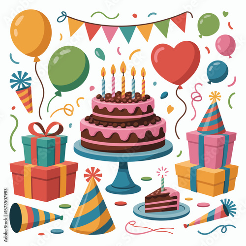 Festive birthday celebration with cake balloons gifts and party hats