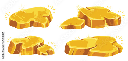 Four illustrations of shiny gold nuggets with sparkling highlights on a white background