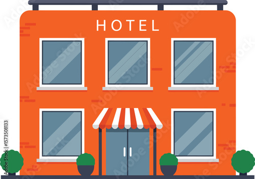 Orange hotel building with windows and entrance awning vector illustration for travel accommodation concept 