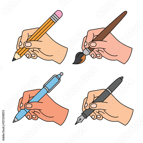Four hands holding different writing and drawing tools on a white background