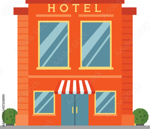 Orange hotel building with striped awning and green bushes vector illustration in flat design style 