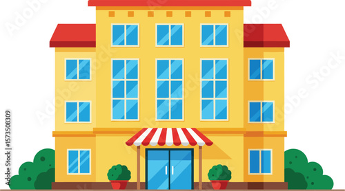 Yellow commercial building with red roof and striped awning vector illustration for business and architecture concepts 