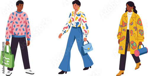 Diverse people carrying bags wearing colorful clothing walking together in casual lifestyle scene vector illustration 