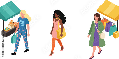 Three women shopping in colorful outfits with market stalls and bags in casual outdoor street scene vector illustration 