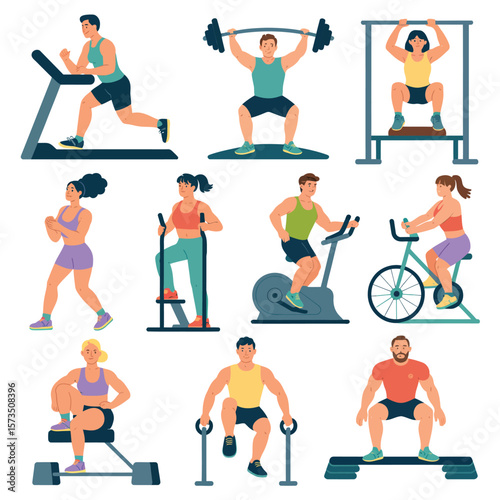 Diverse group of people performing various exercises in a gym setting