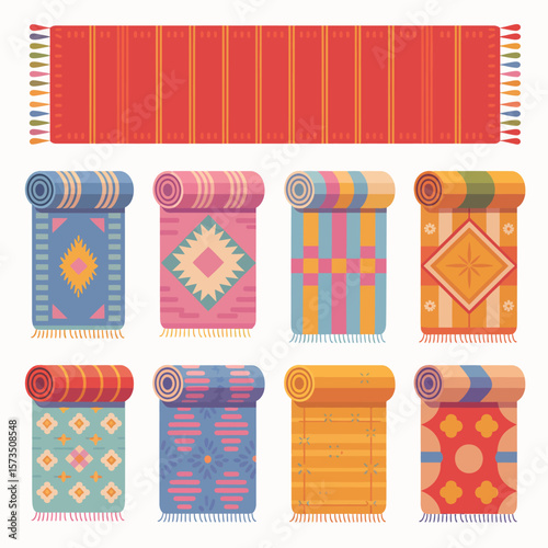 Collection of colorful woven rugs and carpets with geometric patterns and tassels