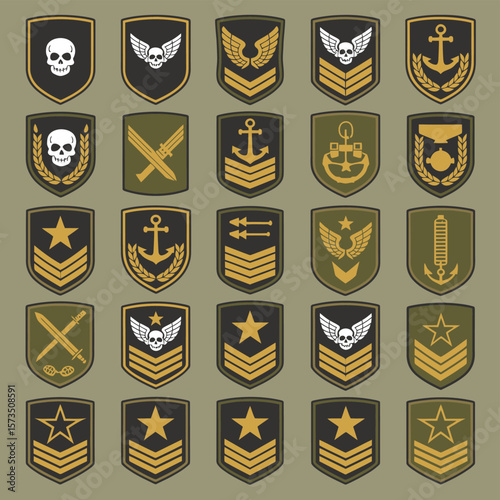 Collection of military insignia badges and military rank patches