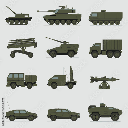 Collection of modern military vehicles and armored transport in flat design style