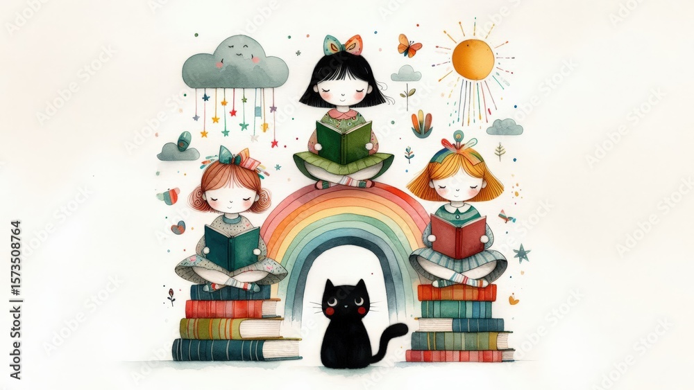 Naklejka premium Joyful children reading books with a black cat on a magical fairy tale background filled with sunshine, rain, and a rainbow. Perfect for kids’ storytime, educational spaces, fantasy lovers