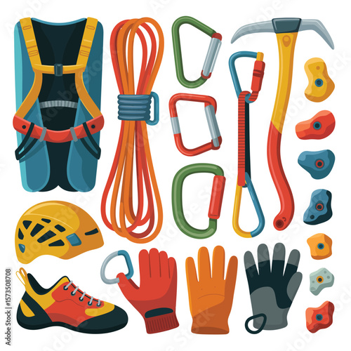 Collection of colorful climbing equipment including harness rope carabiners helmet shoes gloves and ice axe
