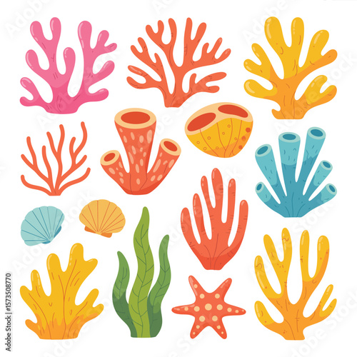 Collection of colorful cartoon coral reef elements and sea creatures on white background