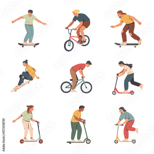 Diverse group of young people enjoying outdoor activities on skateboards bicycles and scooters